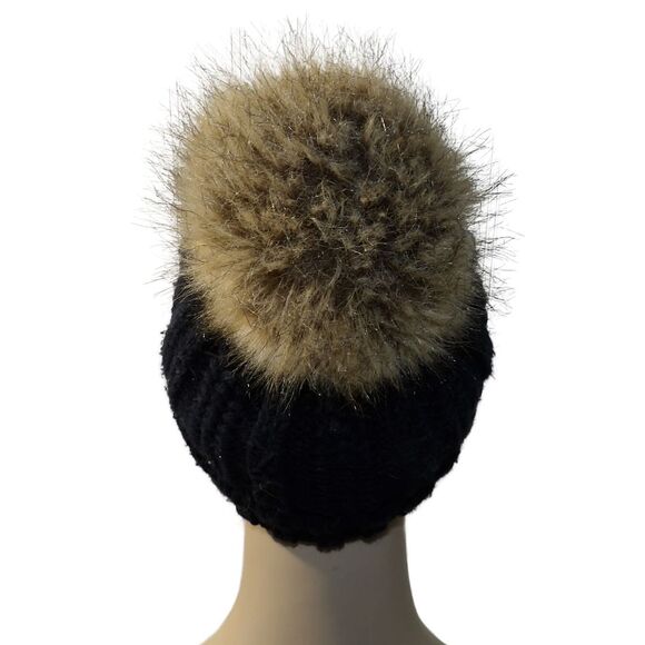 CC Women Black Thick Cable Knit Faux Fleece Lined Pompom Cuff Beanie‎ - Picture 4 of 4